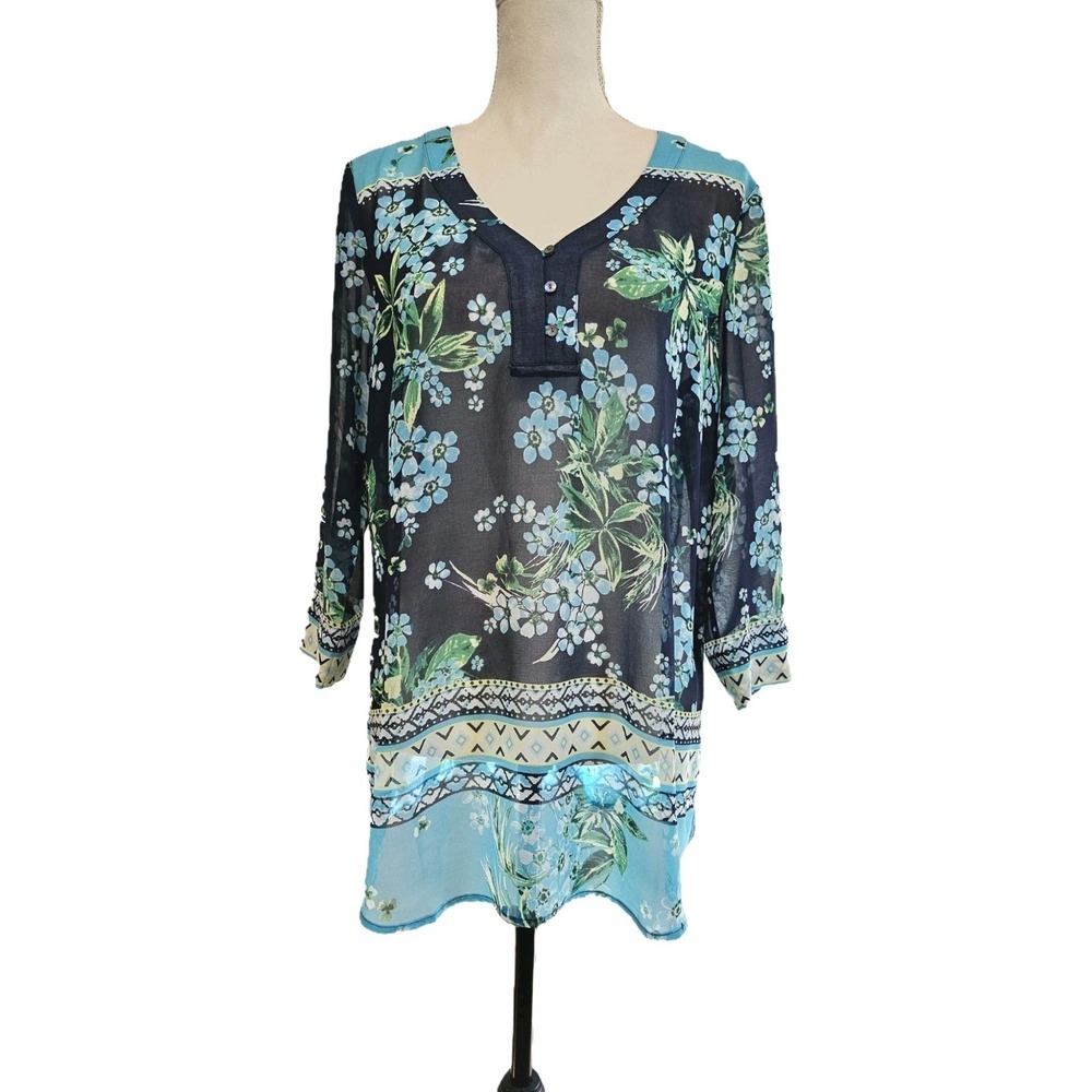 J. Jill Blue Green Floral Sheer Chiffon Popover Top Size M Beach Resort Tunic